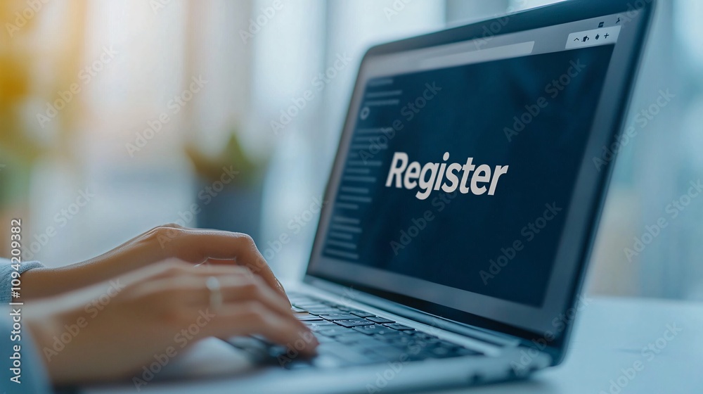 A close-up of hands typing on a laptop with a focus on the 'Register' button, suggesting online action. A close-up of hands typing on a laptop with a focus on the 'Register' button, suggesting online action.