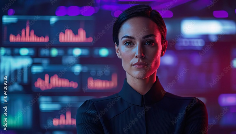 A confident woman analyzing data in a modern office surrounded by digital screens and vibrant lighting. A confident woman analyzing data in a modern office surrounded by digital screens and vibrant lighting.