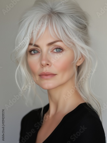 Elegant woman with silver hair in black outfit against neutral background. Minimalistic and sophisticated style. Beauty and fashion portrait concept