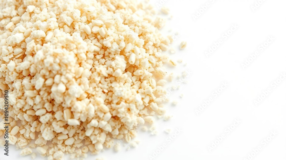High magnification view of a handful of psyllium husk particles on white background, natural fiber, dietary fiber, health supplement High magnification view of a handful of psyllium husk particles on white background, natural fiber, dietary fiber, health supplement