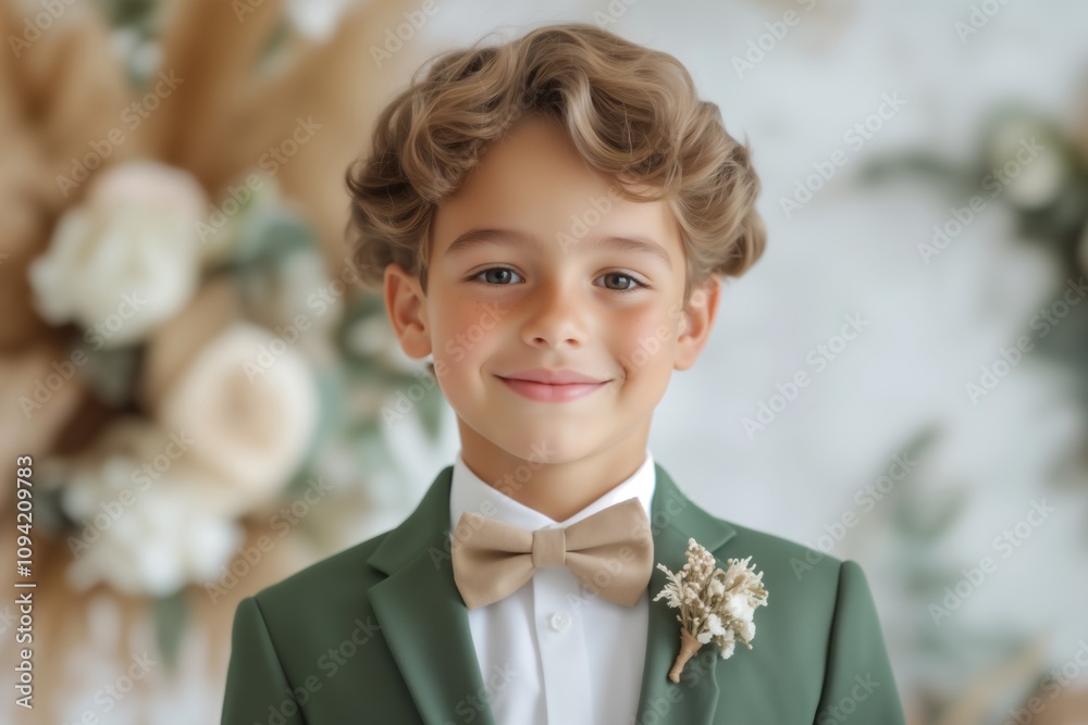Smiling boy in green suit seat at elegant table with floral arrangements and candles in formal setting. Wedding or special occasion concept for family portrait, invitation and event photography Smiling boy in green suit seat at elegant table with floral arrangements and candles in formal setting. Wedding or special occasion concept for family portrait, invitation and event photography