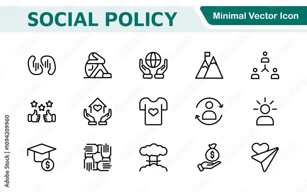 Set of Social Policy and Insuranceline icons. Outline icon collection related to education, insurance, law, goverment and more.