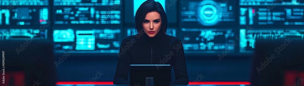 A focused woman in a high-tech control room analyzing data on multiple screens. A focused woman in a high-tech control room analyzing data on multiple screens.
