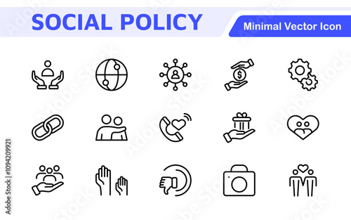 Set of Social Policy and Insuranceline icons. Outline icon collection related to education, insurance, law, goverment and more.