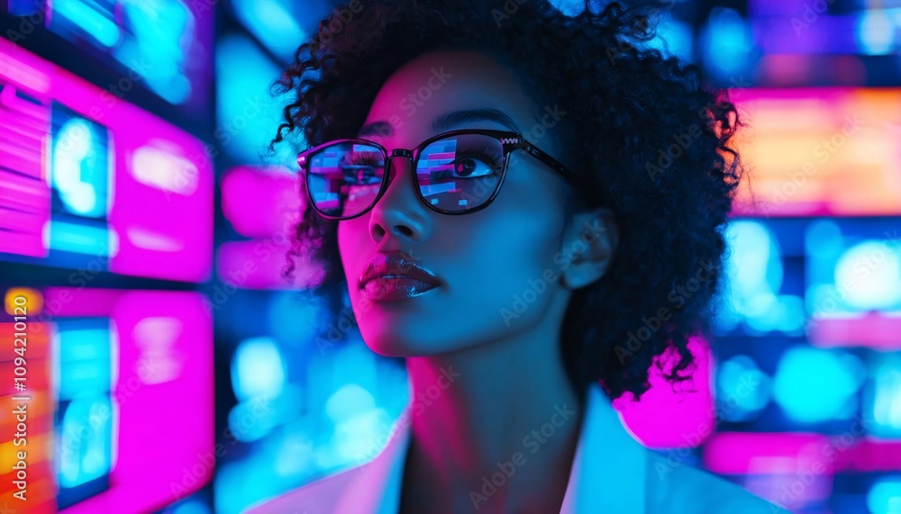A focused young woman in glasses gazing at vibrant screens, representing innovation and digital advancements. A focused young woman in glasses gazing at vibrant screens, representing innovation and digital advancements.