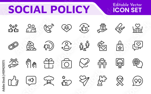 Set of Social Policy and Insuranceline icons. Outline icon collection related to education, insurance, law, goverment and more.