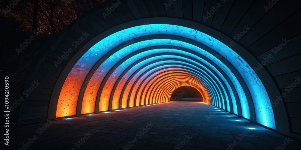 Obraz premium Iridescent tunnel of blue and orange hues emitting a mesmerizing glow in the darkness, dreamlike, radiant, orange