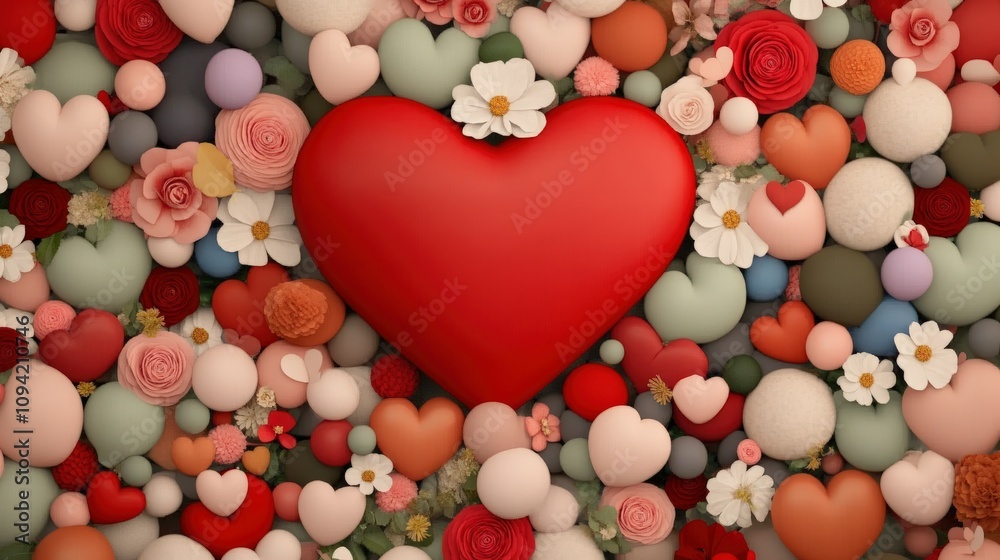 Obraz premium Valentine background of flower decorations for a romantic date night in a whimsical atmosphere, heart-shaped balloon arch surrounded by flowers