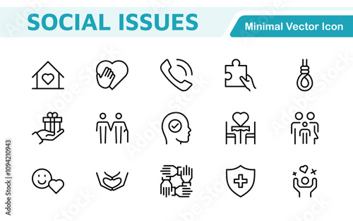 Social Issues Icon Set. Thought-provoking and impactful icons designed to raise awareness and promote engagement, perfect for enhancing campaigns, websites, and educational materials.