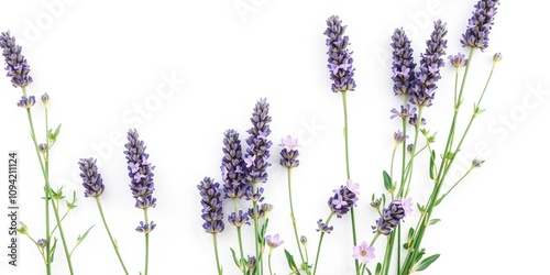 Lavender flowers in full bloom against a clean white surface emphasizing their vibrant colors and natural beauty, botanical illustration, garden landscape, floral arrangement