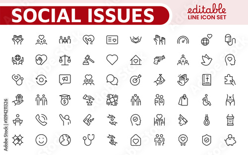 Social Issues Icon Set. Thought-provoking and impactful icons designed to raise awareness and promote engagement, perfect for enhancing campaigns, websites, and educational materials.