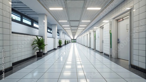 Long corridor floor made of bright white tiles, Flooring, Perspective, Tiles