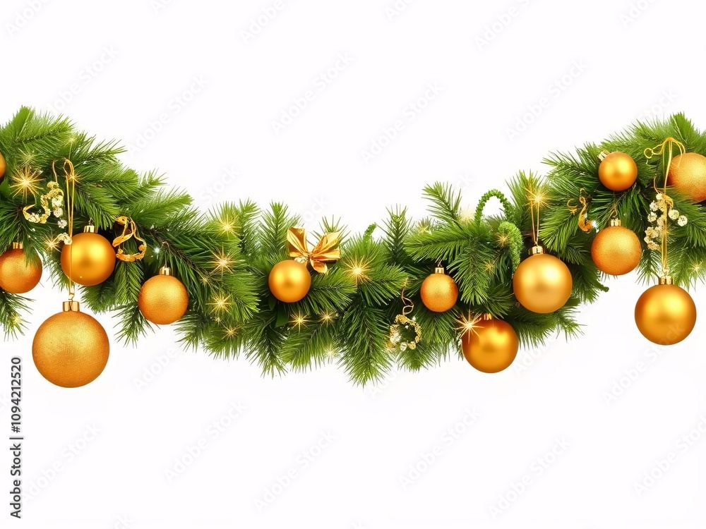Christmas decorative garland with golden ornaments home decor festive vibes indoor setting close-up view holiday spirit Christmas decorative garland with golden ornaments home decor festive vibes indoor setting close-up view holiday spirit