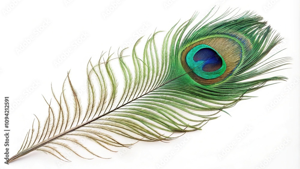 Fototapeta premium Macro image of a single green peafowl feather revealing its intricate patterns and colors up close, birds, macro photography