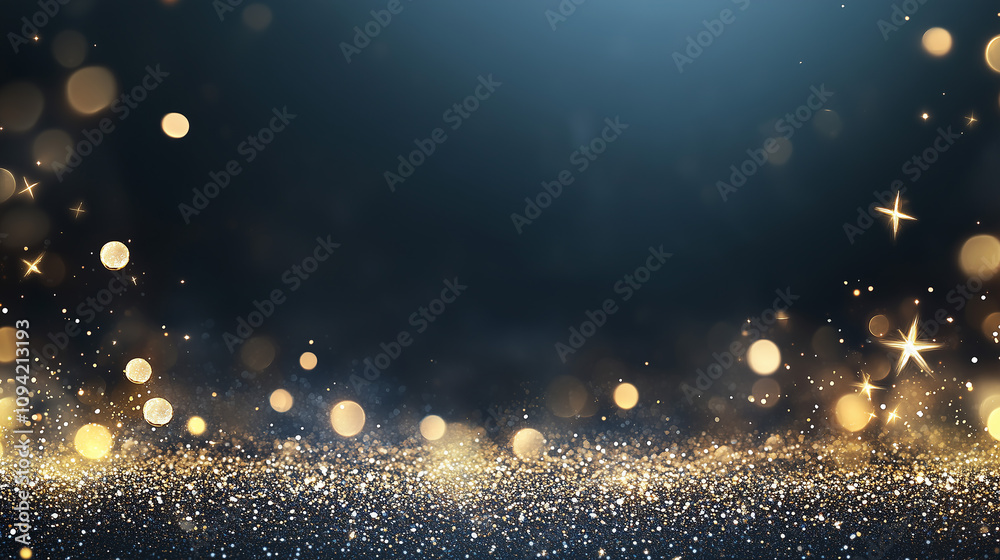 Obraz premium Abstract blurred bokeh lights on dark blue background - festive Christmas and new year holiday template with glittering defocused stars and sparkling effects