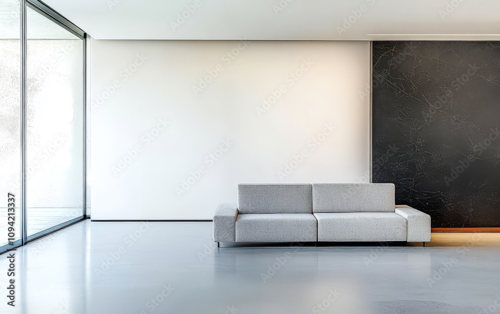 Fototapeta premium Modern living room with minimalistic design and large windows showcasing natural light
