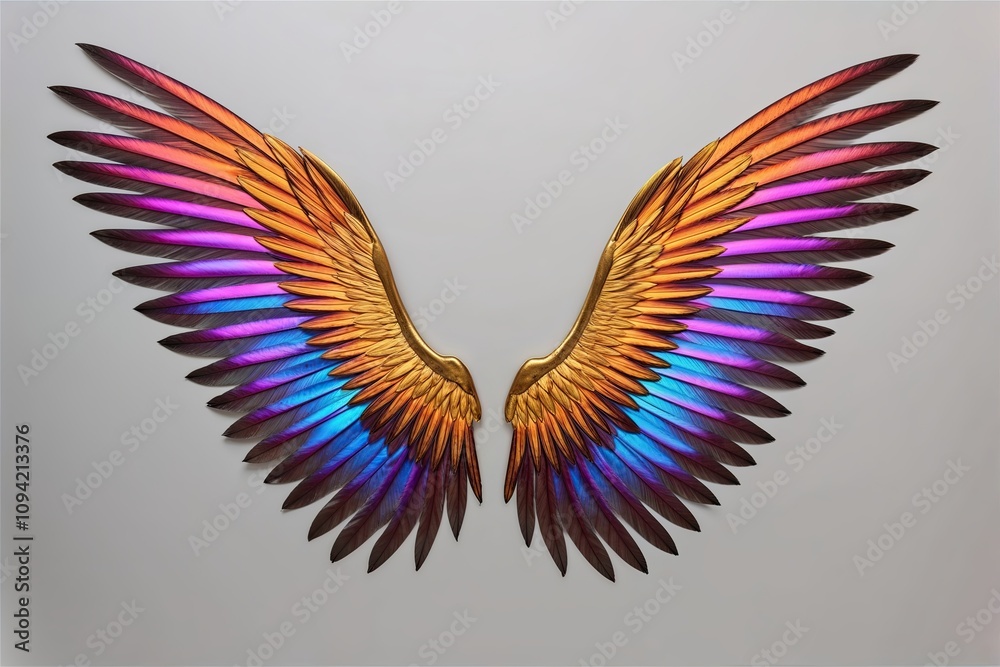 Obraz premium Iridescent Wings Showcasing Vibrant Feathers on a Clean Background