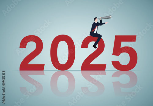 Year 2025 outlook, economic forecast or future vision, business opportunity or challenge ahead, year review or analysis concept, confidence businessman with telescope ride on year 2025.