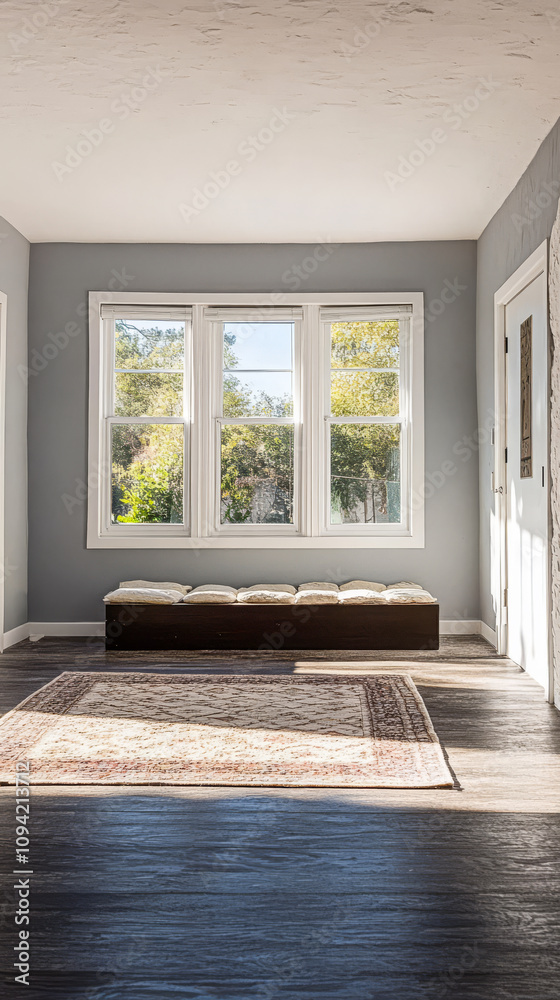 Fototapeta premium Modern living room with natural light and cozy seating area in a home