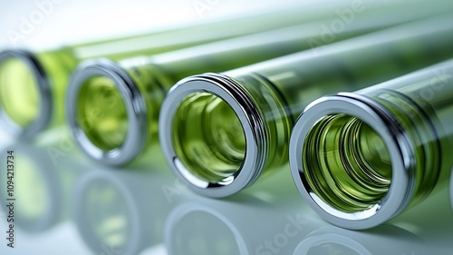 Green glass tubes with metallic caps in close-up view