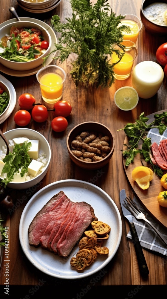Fresh Ingredients and Colorful Dishes on a Rustic Table Fresh Ingredients and Colorful Dishes on a Rustic Table