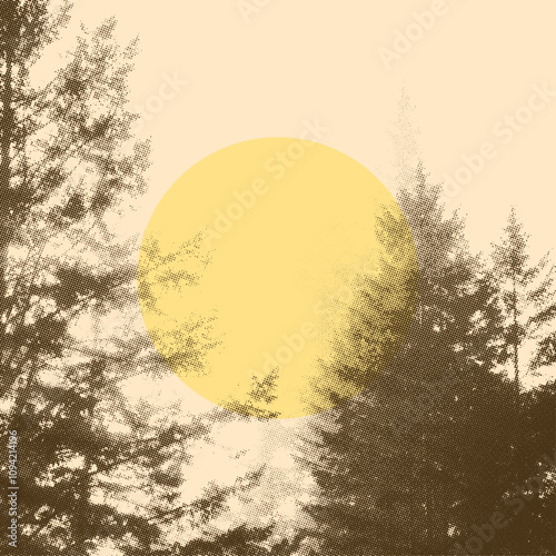 halftone pine tree on sunset nature background. vector illustration