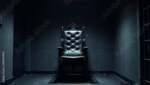 Ominous execution chamber scene featuring a solitary, worn leather electric chair with metal restraints, set against a cold, gray concrete wall with dim lighting.