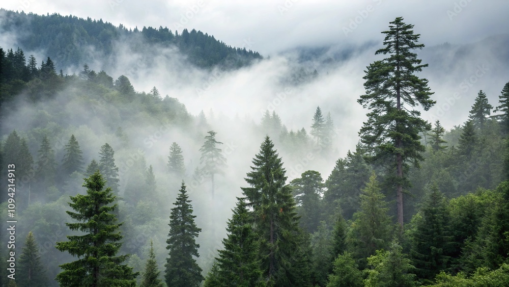 Misty veil lifts from the forest revealing towering trees, trunks, foliage, fog Misty veil lifts from the forest revealing towering trees, trunks, foliage, fog