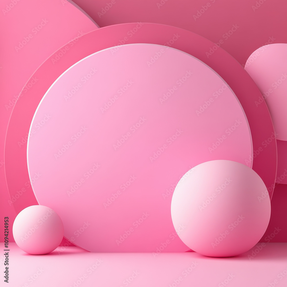 Fototapeta premium Christmas joyful, Whimsical pink 3D design featuring circular shapes and spheres, creating playful and modern aesthetic. Perfect for creative projects and backgrounds