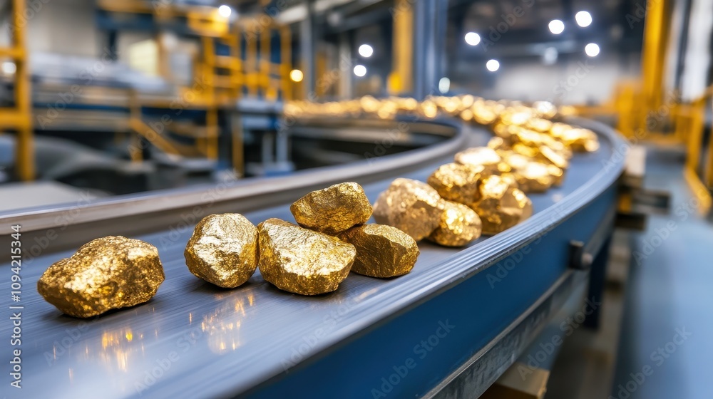 A line of shiny gold nuggets moving along a conveyor belt inside an industrial factory for processing and refinement.