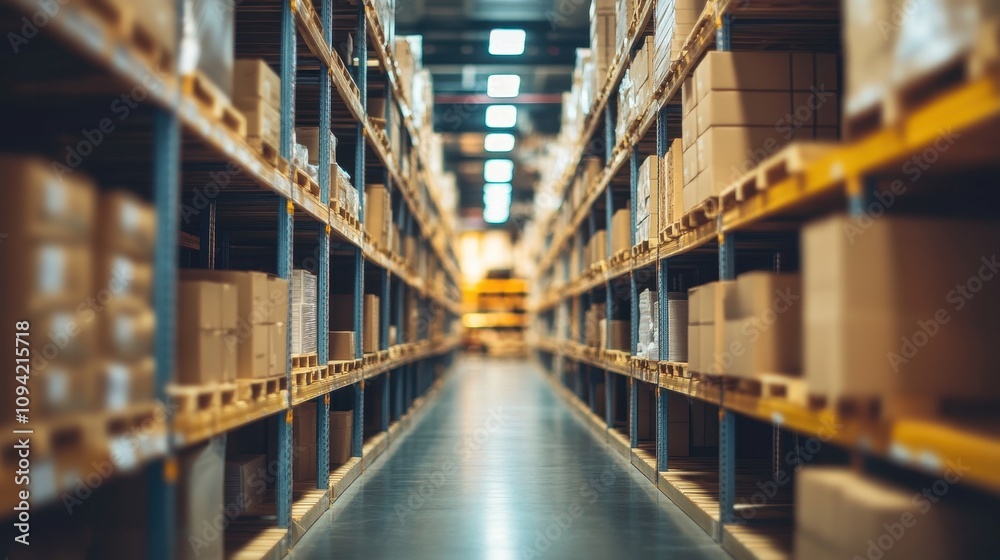 Endless warehouse aisles filled with boxes. Illustrates efficient storage and logistics; ideal for e-commerce, supply chain, and inventory concepts.