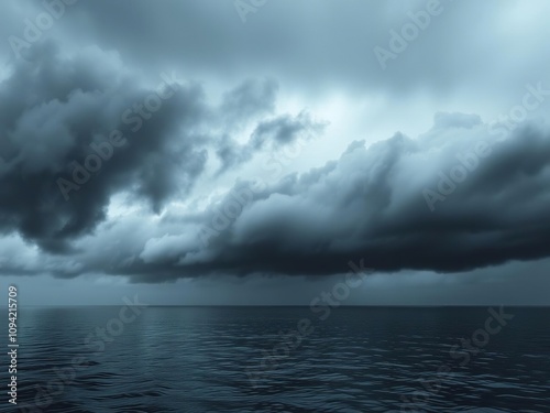 Mysterious black clouds suspended above calm water, suspended clouds, serene lake