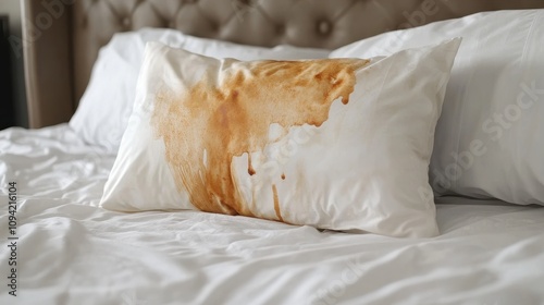 Pillow with coffee stain. Illustrates accidental spills, cleaning needs, or messy situations.