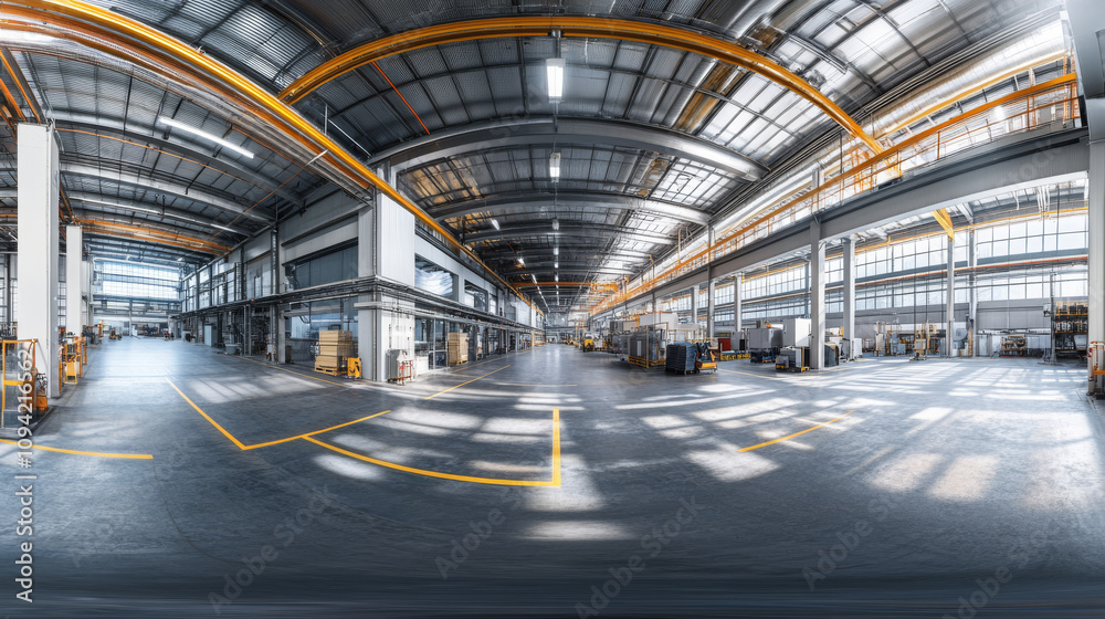 360 degree panorama view.A 3D image shows a modern industrial building's interior, viewed in a 360-degree panorama. It's a virtual reality scene. 360 degree panorama view.A 3D image shows a modern industrial building's interior, viewed in a 360-degree panorama. It's a virtual reality scene.