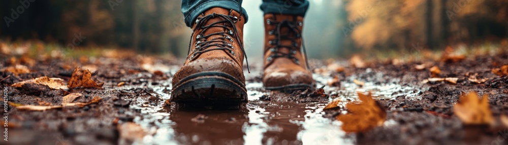 outdoor activities, rock climbing. Close-up of boots stepping on a muddy trail with scattered leaves, adventure details, resilience and raw connection to nature outdoor activities, rock climbing. Close-up of boots stepping on a muddy trail with scattered leaves, adventure details, resilience and raw connection to nature