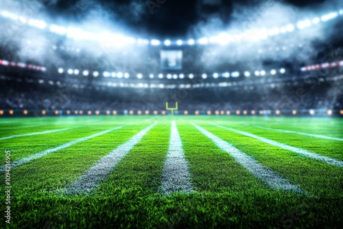 mystical football field at night with fog and glowing lights