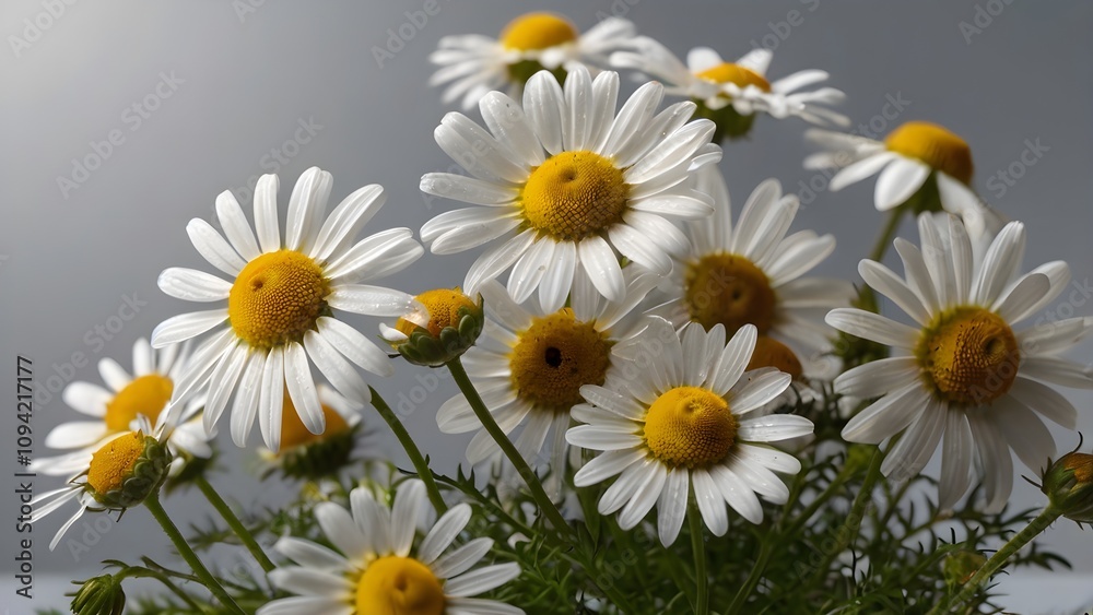 Obraz premium Bouquet of Blooming White Daisies with Yellow Centers on a Gray Background