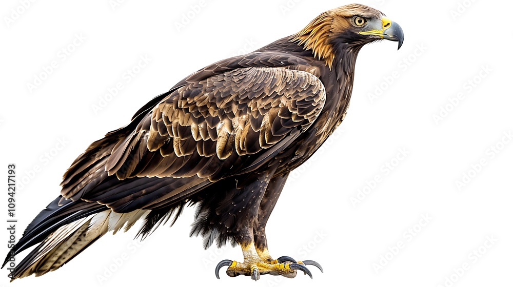 Obraz premium A regal golden eagle perched with keen eyes, isolated on a white background.