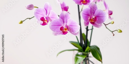 Pink orchid flowers arranged in a glass container, nature inspiration, arrangement, elegant decor