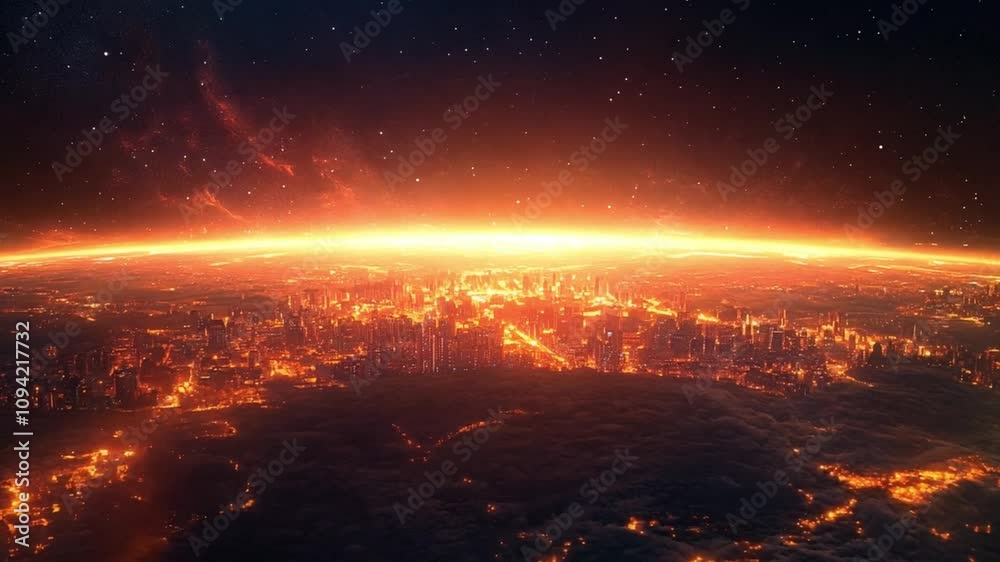 A fiery sunrise over a sprawling cityscape, bathed in an orange glow against a backdrop of twinkling stars A fiery sunrise over a sprawling cityscape, bathed in an orange glow against a backdrop of twinkling stars