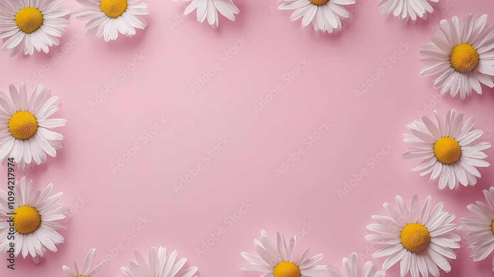 Fototapeta premium Pink Background with Chamomile Frame: A Beautiful Spring Floral Design. Transform your space with the calming beauty of chamomile daisies framed by a soft pink backdrop.