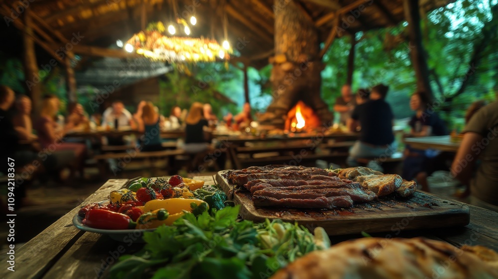 Friends share a cozy meal of homemade bread, grilled meat, and fresh veggies in nature Friends share a cozy meal of homemade bread, grilled meat, and fresh veggies in nature