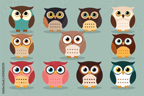 Adorable Cute Owl Character Cartoon Series in Contemporary Flat Style - Whimsical Avian Collection