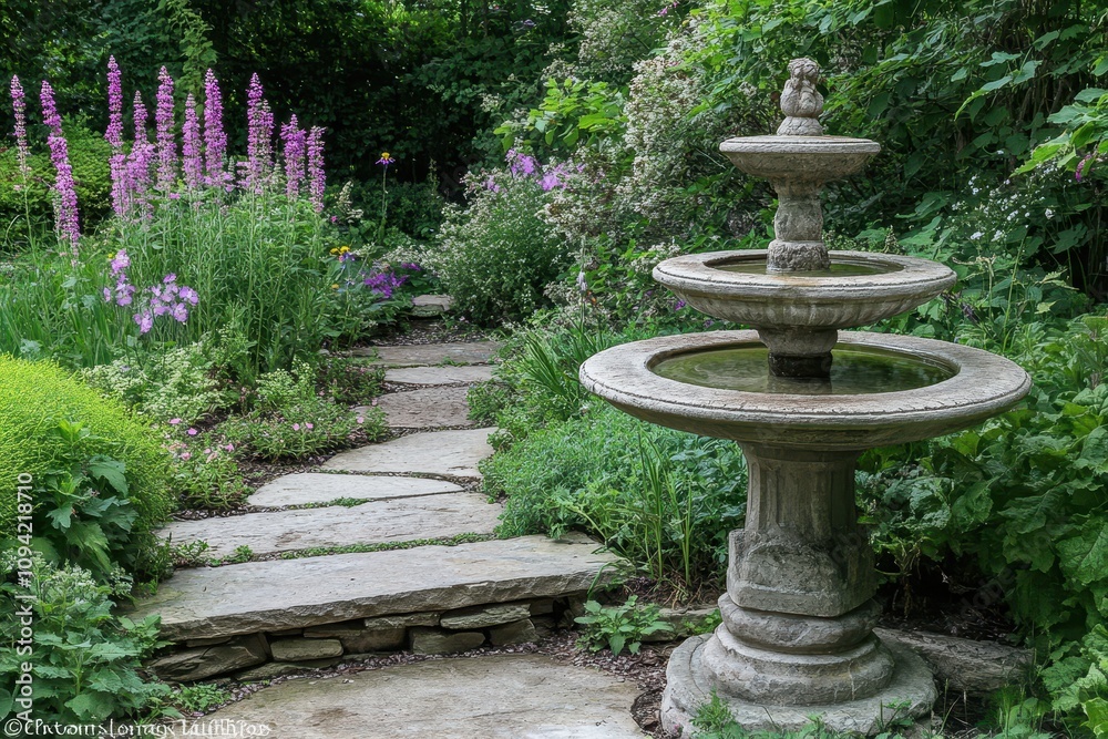Stone fountain in a garden path. Perfect for websites, blogs, or projects related to landscaping and garden design. Stone fountain in a garden path. Perfect for websites, blogs, or projects related to landscaping and garden design.