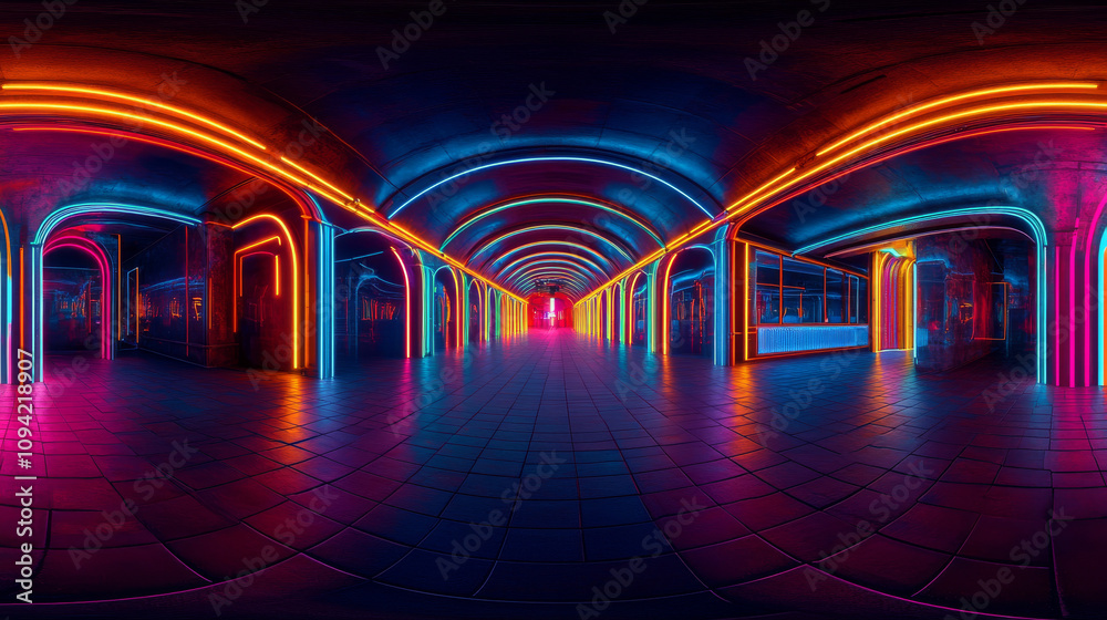 360 degree panorama view.A 3D image shows a large, dark hall lit by neon lights. It's a panoramic view, perfect for virtual reality. 360 degree panorama view.A 3D image shows a large, dark hall lit by neon lights. It's a panoramic view, perfect for virtual reality.