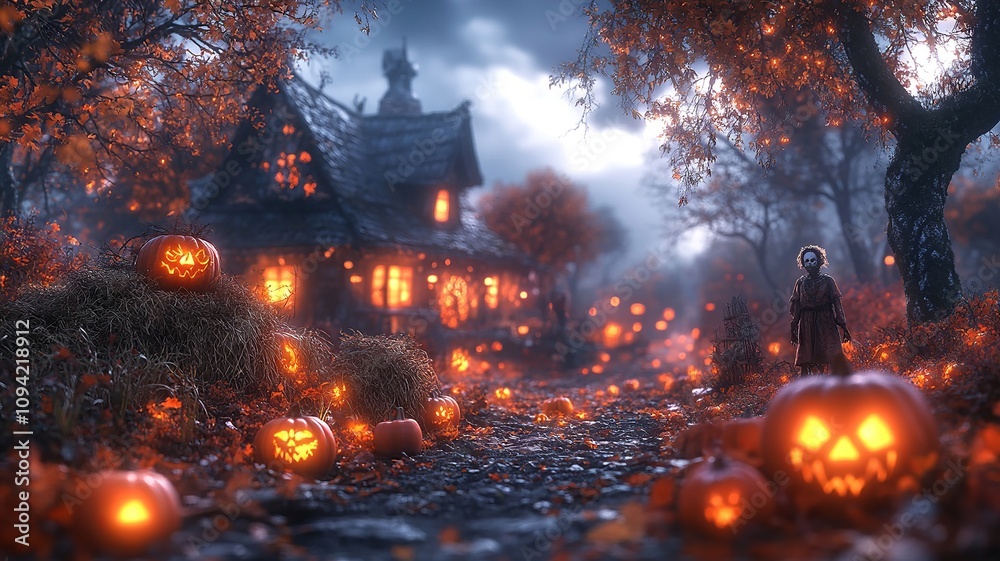 Spooky Halloween house with glowing pumpkins at night Spooky Halloween house with glowing pumpkins at night