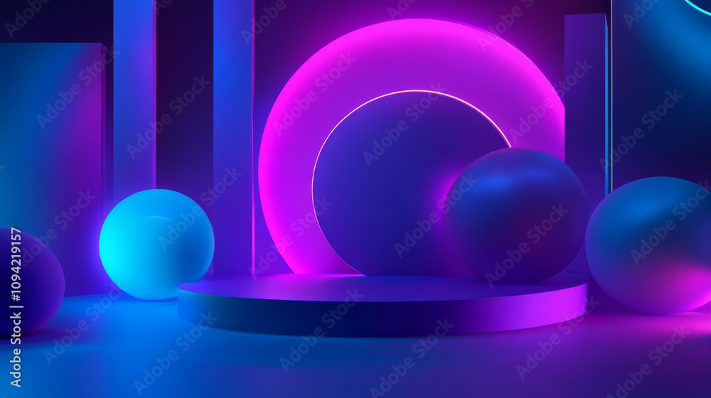 A 3D image of cool, abstract shapes in blue and purple neon light. A 3D image of cool, abstract shapes in blue and purple neon light.