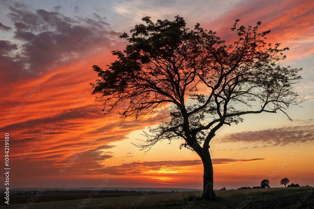 Rowan tree standing against a warm sunset background with vibrant oranges and reds, sunset, atmospheric Rowan tree standing against a warm sunset background with vibrant oranges and reds, sunset, atmospheric