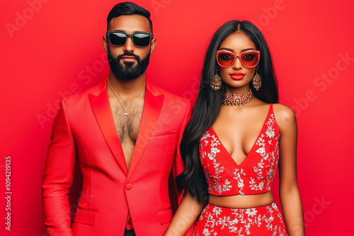 Portrait of an Indian couple in red fashion clothes