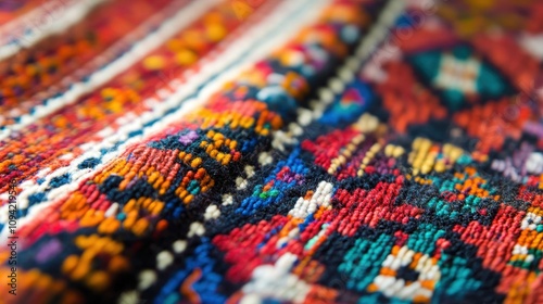 A close-up of a Bosnian handwoven rug showcases its vibrant colors and intricate patterns